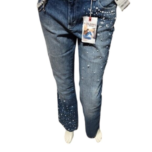 Bisou Bisou Vintage Rhinestone Women's Denim Jeans Blue Fade Size 10 with Chain - Picture 5 of 11